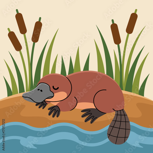 Cute Platypus Sleeping by Riverbank Illustration