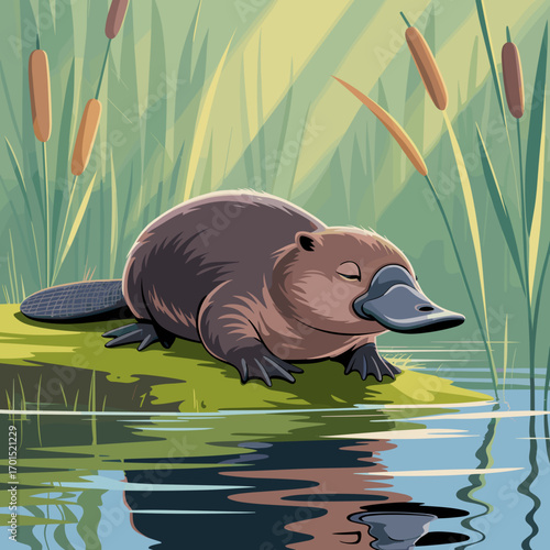 Cute Platypus Sleeping by Riverbank Illustration