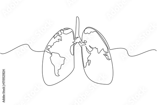 Single continuous line drawing lungs that contain a world map. Healthy lungs make it easier to explore the beauty of the world. Intercontinental. World Asthma Day. One line design vector illustration