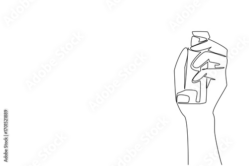 Single one line drawing hand holding asthma inhaler. First aid aids help prevent asthma. Healthy living without pollution. Pharmacy. World Asthma Day. Continuous line design graphic illustration
