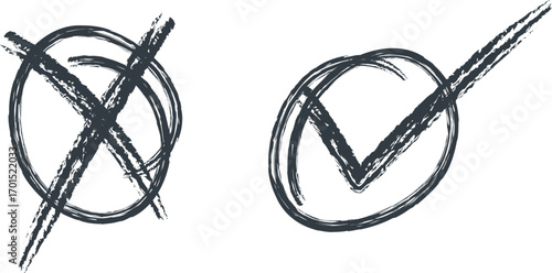 Hand drawn check mark and cross symbols on light background