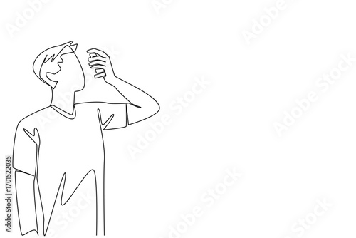 Continuous one line drawing man inhales asthma inhaler. Inability to manage stress well is a trigger. Healthy living without much thought. World Asthma Day. Single line draw design vector illustration