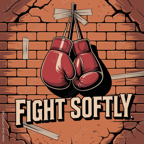 Iconic red boxing gloves hang above 'fight softly' text on textured brick wall with dramatic lighting and cracked elements vector
