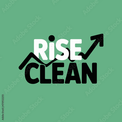 Bold slab serif typography 'rise clean' with upward trend arrow symbolizing growth and positive momentum in business and finance concepts vector