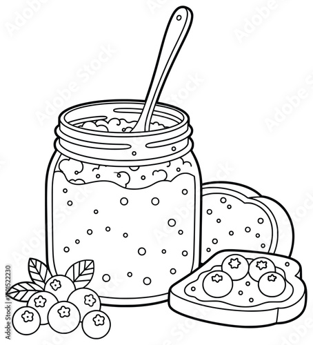 Blueberries vector illustration of a jar of jam with spoon, bread slices, and fresh berries in clean black and white outline style perfect for food packaging, breakfast recipes