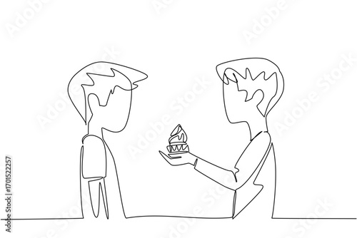 Single one line drawing a boy gives a cherry topping cupcake to another boy. Birthday cake for best friend. Bestie. National Give Someone a Cupcake Day. Continuous line design graphic illustration