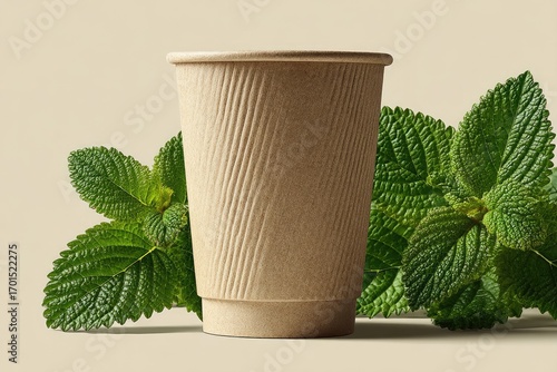 Beige paper cup, fresh mint leaves