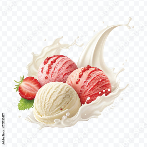 realistic creamy vanilla and strawberry ice cream scoops with milk splash isolated on transparent background