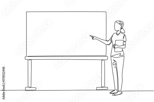 Single continuous line drawing female student nurse wearing stethoscope holding clipboard and pointing to whiteboard. Presentation. National Student Nurse Day. One line design vector illustration