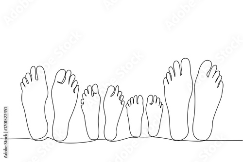 Single one line drawing 4 pairs of feet are lying down relaxing. A warm and harmonious family. Always make time to chat with each other. No Socks Day. Continuous line design graphic illustration
