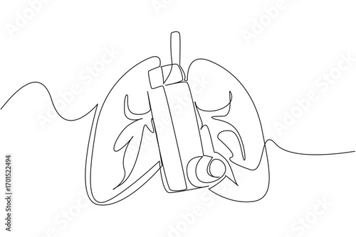 Single continuous line drawing asthma inhaler with lung background. Prevents coughing and shortness of breath. Overcoming sudden asthma attacks. World Asthma Day. One line design vector illustration