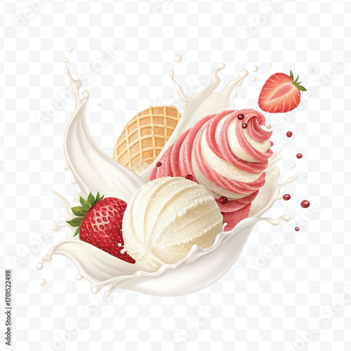 realistic creamy vanilla and strawberry ice cream scoops with milk splash isolated on transparent background