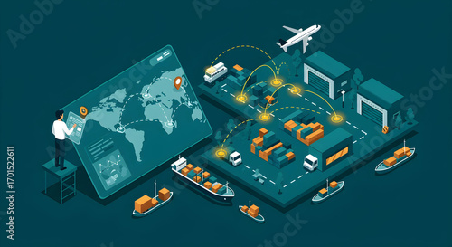 物流とサプライチェーンマネジメントのビジネスコンセプト。グローバルネットワークのDX化イラスト。ベクター背景素材。