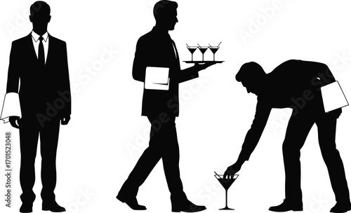 Waiter silhouettes, hospitality service, formal attire, tray carrying, martini glasses, restaurant staff, dining scene, towel gesture