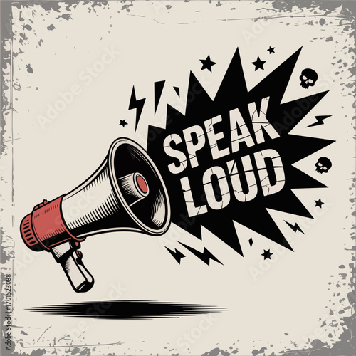 Megaphone emitting loud speech with burst starburst and lightning symbolizing power of communication and protest vector