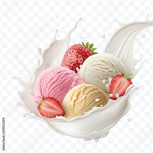 realistic creamy vanilla and strawberry ice cream scoops with milk splash isolated on transparent background