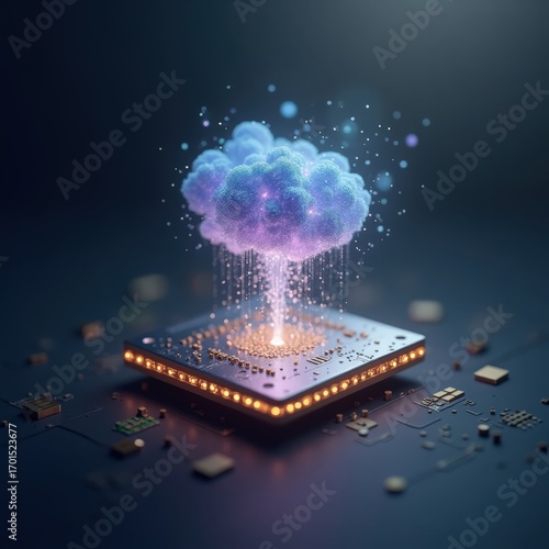 Particle cloud floating above quantum chip base