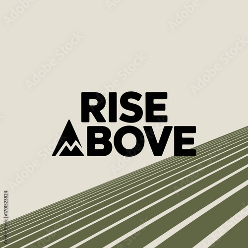 Modern geometric logo design featuring the text rise above with mountain icon and abstract parallel lines pattern vector