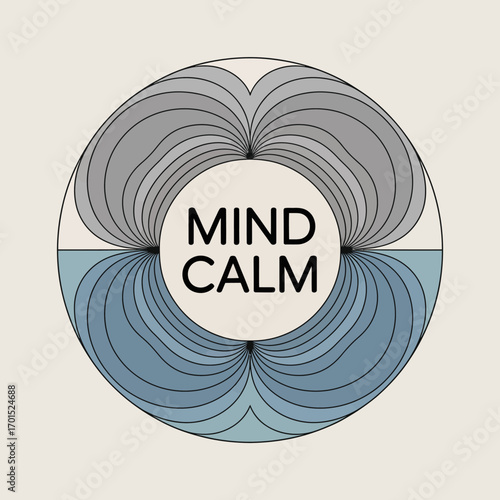 Abstract meditative circle design with 'mind calm' text symbolizing inner peace serenity and mindfulness for wellness concepts vector