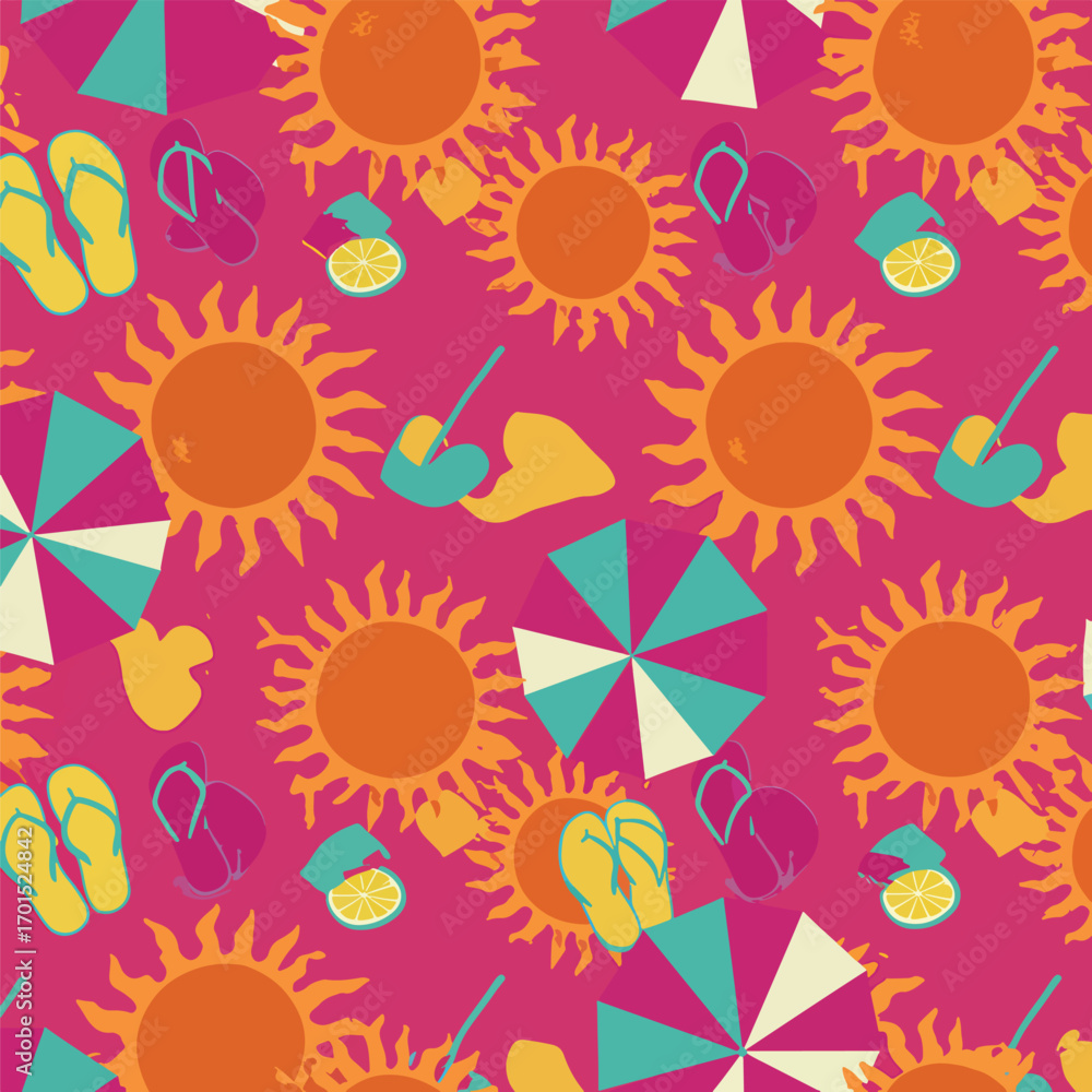 Fototapeta premium Vibrant summer themed pattern featuring suns, umbrellas, and beach elements, seamless pattern, Stock royalty image.