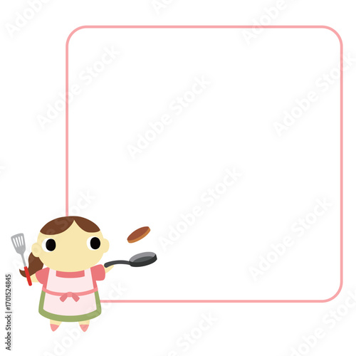 料理をするエプロン姿の女性　フレーム付