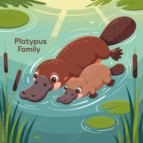 Mother Platypus Swimming with Baby Underwater