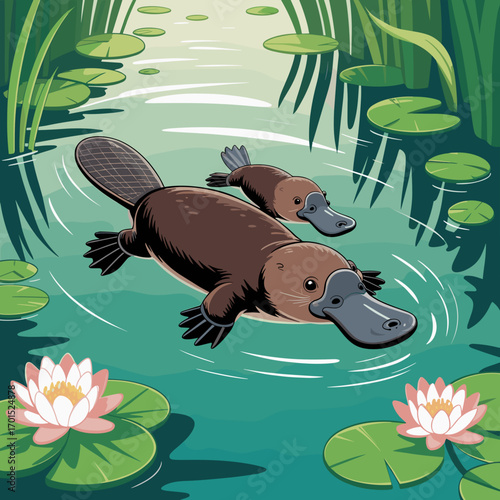 Mother Platypus Swimming with Baby Underwater