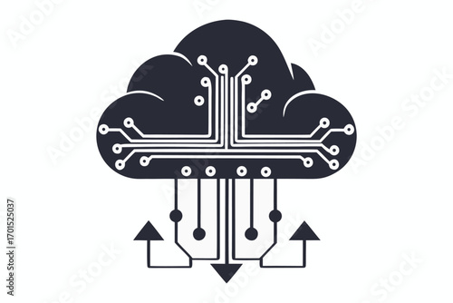 Cloud with Circuit Board Lines on White Background Tech Design Icon