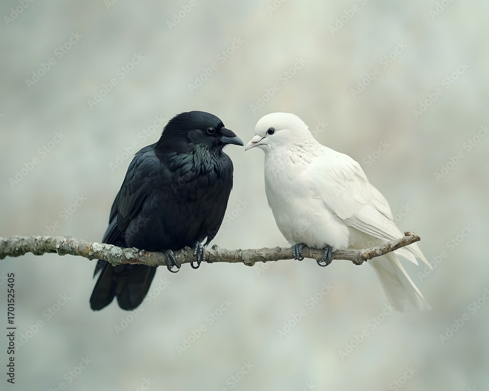 Fototapeta premium A black raven and a white dove perched closely on a single branch facing each other symbolizing duality and contrast