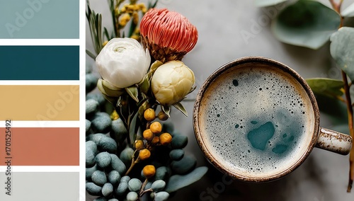 Muted color palette with coffee and flowers