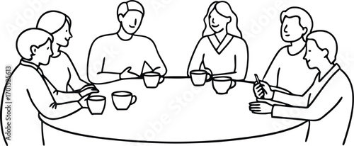 Six people sitting around a round table with coffee cups