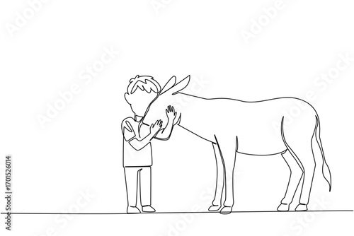 Continuous one line drawing boy hugging donkey. Loving pets. Little shepherd. Care with care. Establishing bonds of friendship. Friendly. World Donkey Day. Single line draw design vector illustration
