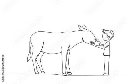Single one line drawing the boy stands in front of the donkey and strokes its head. Playing at the zoo. Learning to love fellow creatures. World Donkey Day. Continuous line design graphic illustration