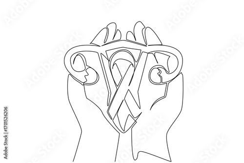 Single one line drawing open palm with uterus and campaign ribbon. Community concerned about internal organs of women. Charity. World Ovarian Cancer Day. Continuous line design graphic illustration