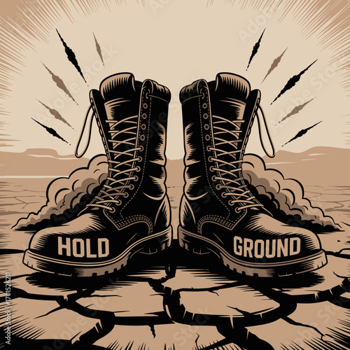 Powerful military boots standing firm on cracked earth symbolizing resilience determination and holding ground in adversity graphic poster vector