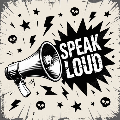 Aggressive megaphone with speak loud message and grunge elements representing protest or revolution vector