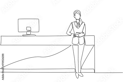 Single continuous line drawing a female receptionist crossed her arms and leaned against a long table. Relaxing after many guests visit. Staff. Receptionist Day. One line design vector illustration