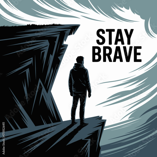 Person standing on cliff edge facing inspiring sunrise majestic mountain landscape motivational quote stay brave concept vector
