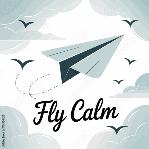 Serene paper airplane flight through gentle clouds with birds inspiring calmness and journeys of imagination vector