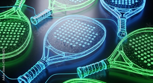 Futuristic and stylish depiction of interconnected padel tennis rackets with a glowing neon aesthetic.