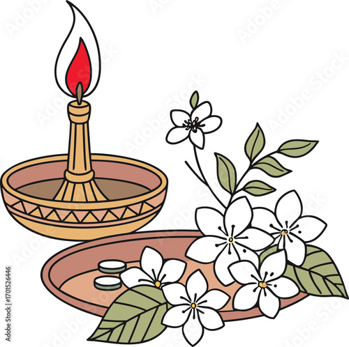 Lit Diya Lamp with Jasmine Flowers and Small Tablets Keywords: diya, lamp, oil lamp, flame
