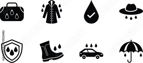 Collection of waterproof icons including a bag, coat, drop, hat, shield, boot, car, and umbrella isolated on transparent background