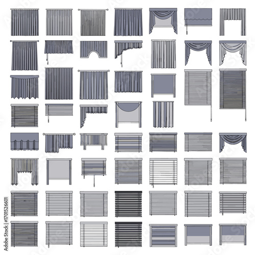 Collection of window coverings including curtains drapes shades blinds and valances for interior design and home decor applications
