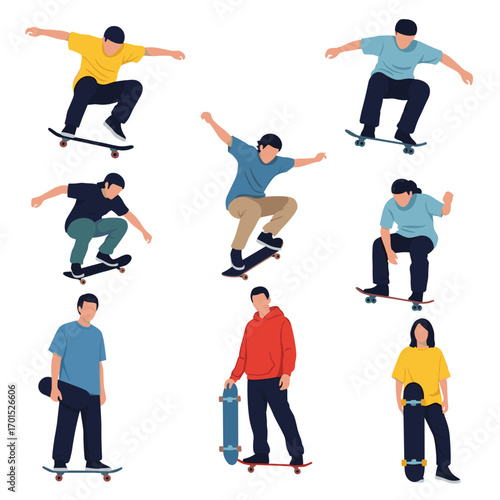 Illustrations of young people performing various dynamic skateboarding tricks and poses showing skill and agility