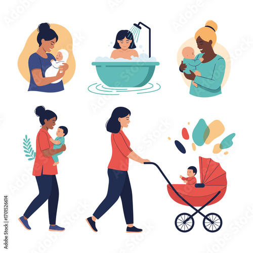 Illustrations depicting mothers and babies engaged in various everyday activities and moments of care
