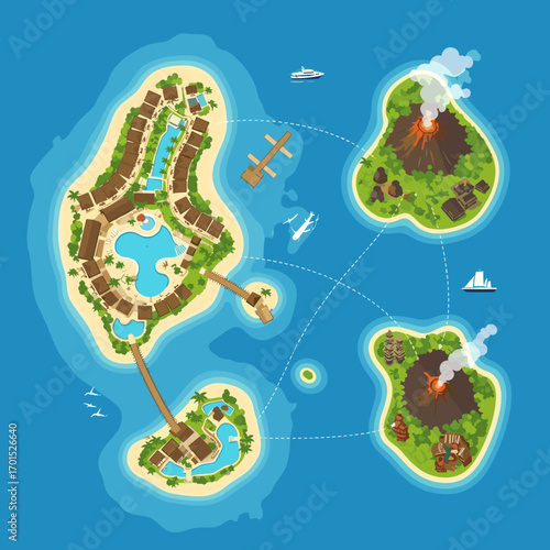 Tropical island resort paradise scenic view of beaches and volcanic islands connected by bridges and boats