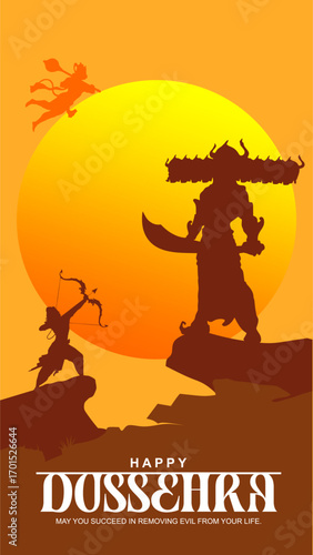 Happy Dussehra Vector Design. Lord Rama killing Ravana in Dussehra, Vijayadashami. Dussehra Poster Design Vector Illustration. Festival of India.