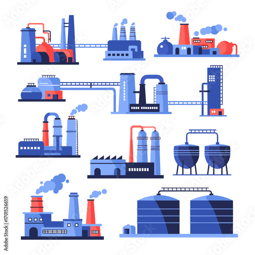 Collection of modern industrial manufacturing plants and factories featuring chemical processing and energy production facilities
