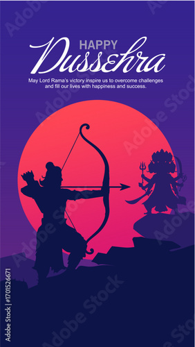 Happy Dussehra Vector Design. Lord Rama killing Ravana in Dussehra, Vijayadashami. Dussehra Poster Design Vector Illustration. Festival of India.
