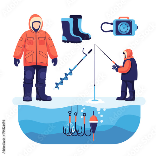 Winter ice fishing gear and activities for cold weather outdoor recreation